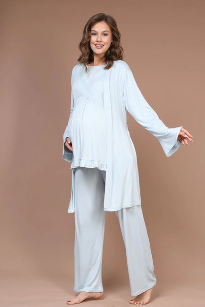 Kruvaze Sabahlıklı Lohusa Hamile Pijama Takımı Mavi - 625