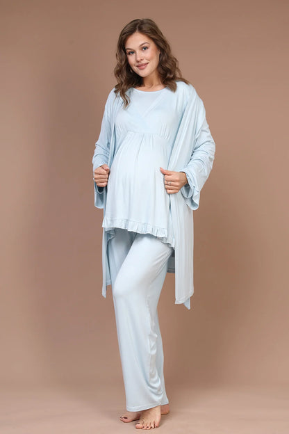 Kruvaze Sabahlıklı Lohusa Hamile Pijama Takımı Mavi - 625