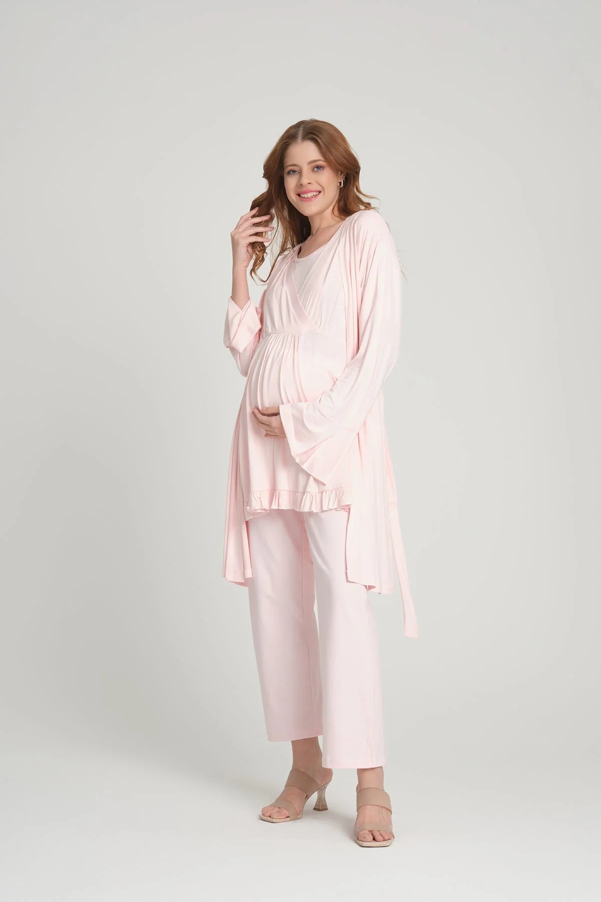 Volan Kol Sabahlıklı Kruvaze Lohusa Hamile Pijama Takımı Pembe - 2382