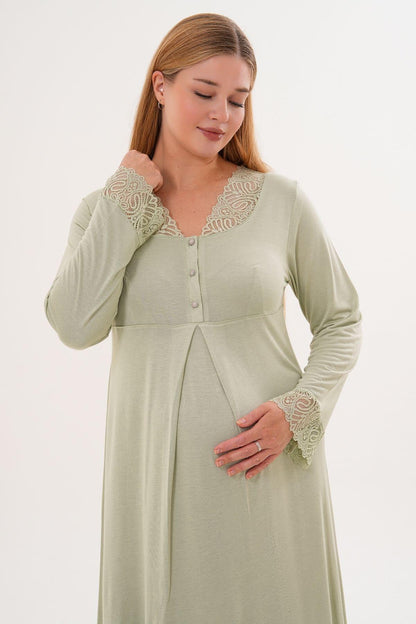 Önden Düğmeli Midi Boy Lohusa Hamile Gecelik Yeşil - 6305