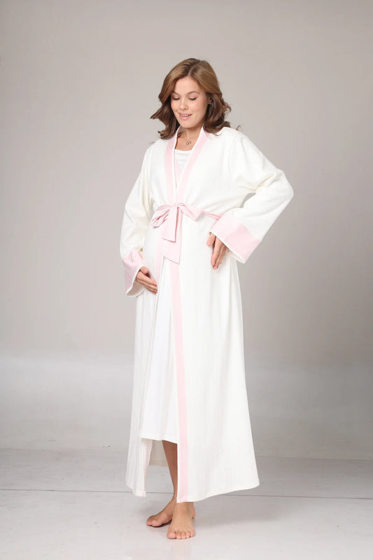 Kışlık Kendinden Desenli Pembe Şerit Detaylı Sabahlıklı Lohusa Hamile Gecelik Takımı Pembe-1016