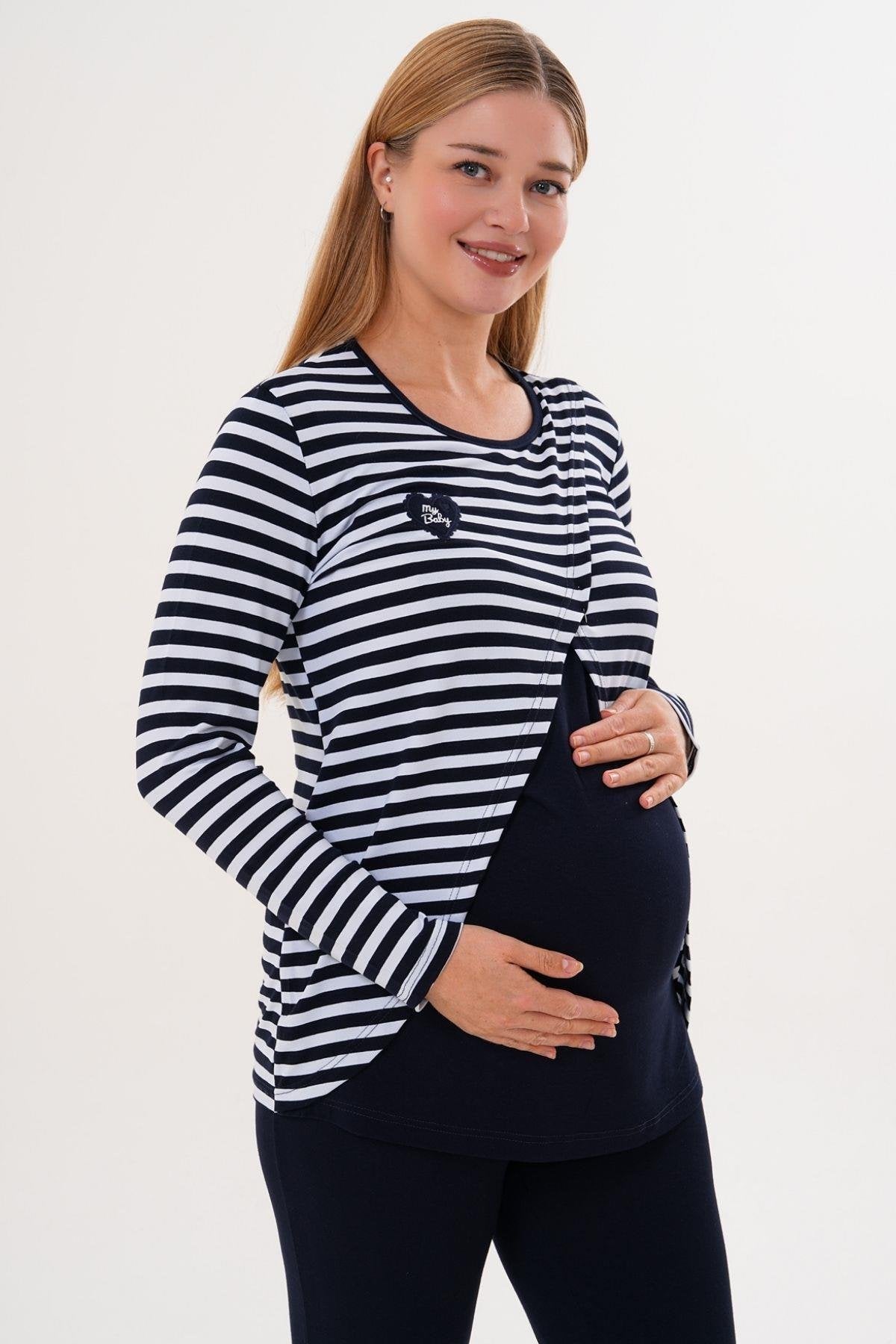 Likralı Spor Hamile Lohusa Pijama Takımı Lacivert  - 6303