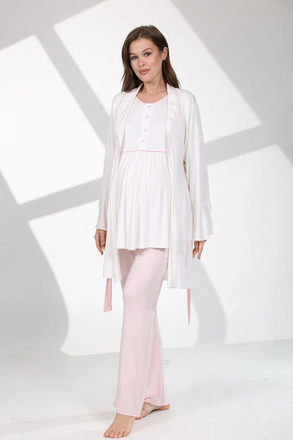 Önden Düğmeli Biyeli Sabahlıklı Lohusa Hamile Pijama Takımı Pembe - 709