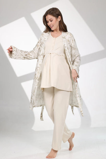 Önden Düğmeli Desenli Sabahlıklı Lohusa Hamile Pijama Takımı Bej - 711