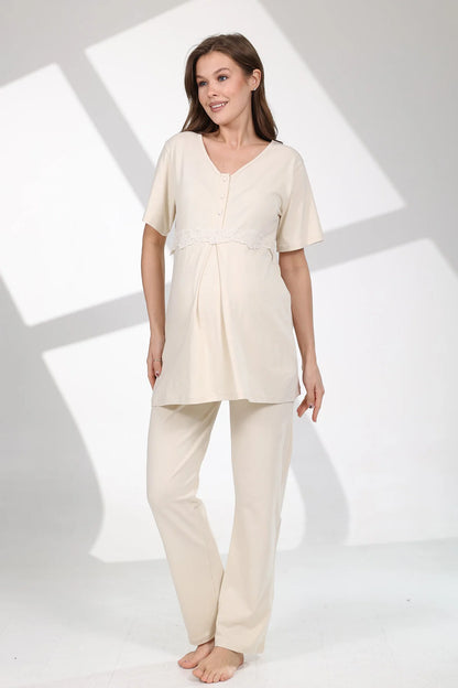 Önden Düğmeli Desenli Sabahlıklı Lohusa Hamile Pijama Takımı Bej - 711