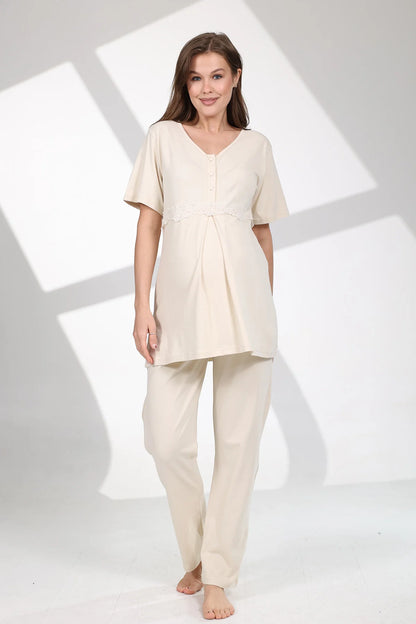 Önden Düğmeli Desenli Sabahlıklı Lohusa Hamile Pijama Takımı Bej - 711