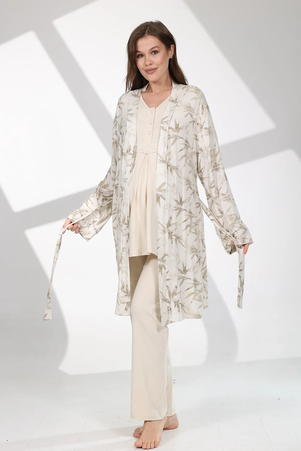 Önden Düğmeli Desenli Sabahlıklı Lohusa Hamile Pijama Takımı Bej - 711