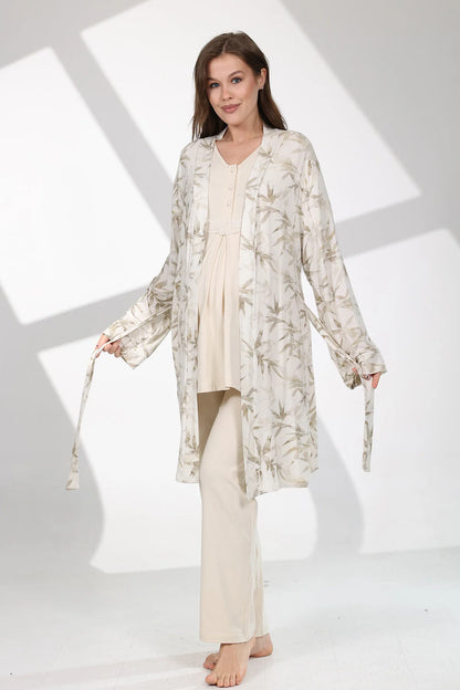 Önden Düğmeli Desenli Sabahlıklı Lohusa Hamile Pijama Takımı Bej - 711