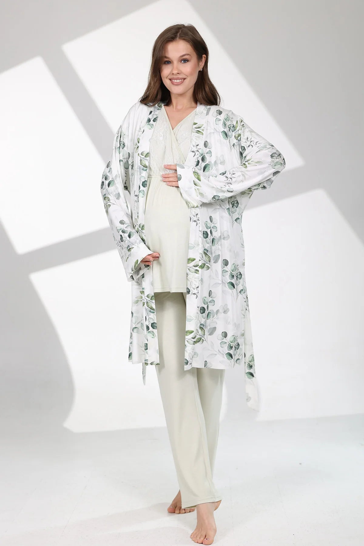 Gizli Emzirme Özellikli Çiçekli Sabahlıklı Lohusa Hamile Pijama Takımı Yeşil - 712