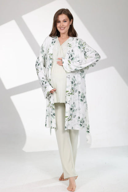 Gizli Emzirme Özellikli Çiçekli Sabahlıklı Lohusa Hamile Pijama Takımı Yeşil - 712