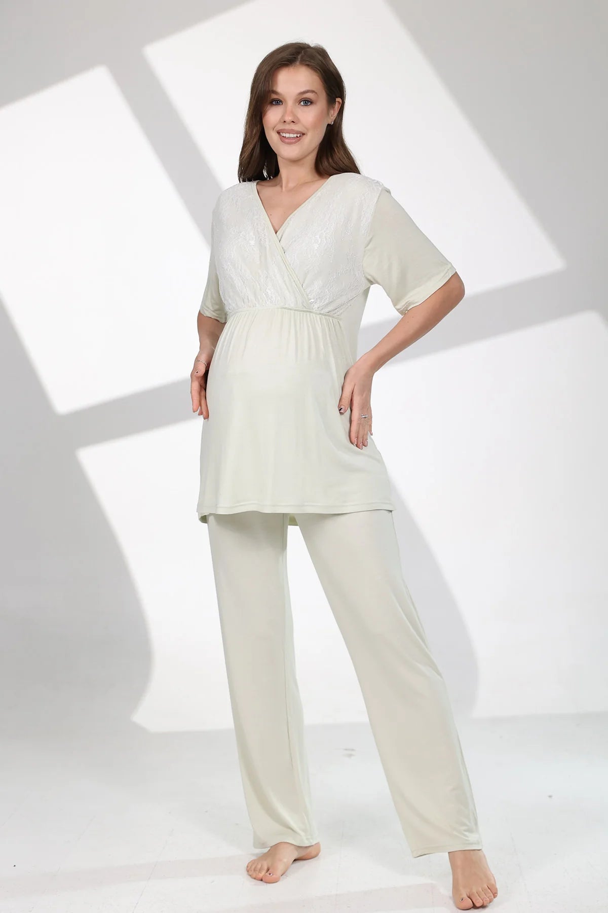 Gizli Emzirme Özellikli Çiçekli Sabahlıklı Lohusa Hamile Pijama Takımı Yeşil - 712