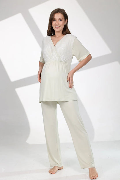 Gizli Emzirme Özellikli Çiçekli Sabahlıklı Lohusa Hamile Pijama Takımı Yeşil - 712