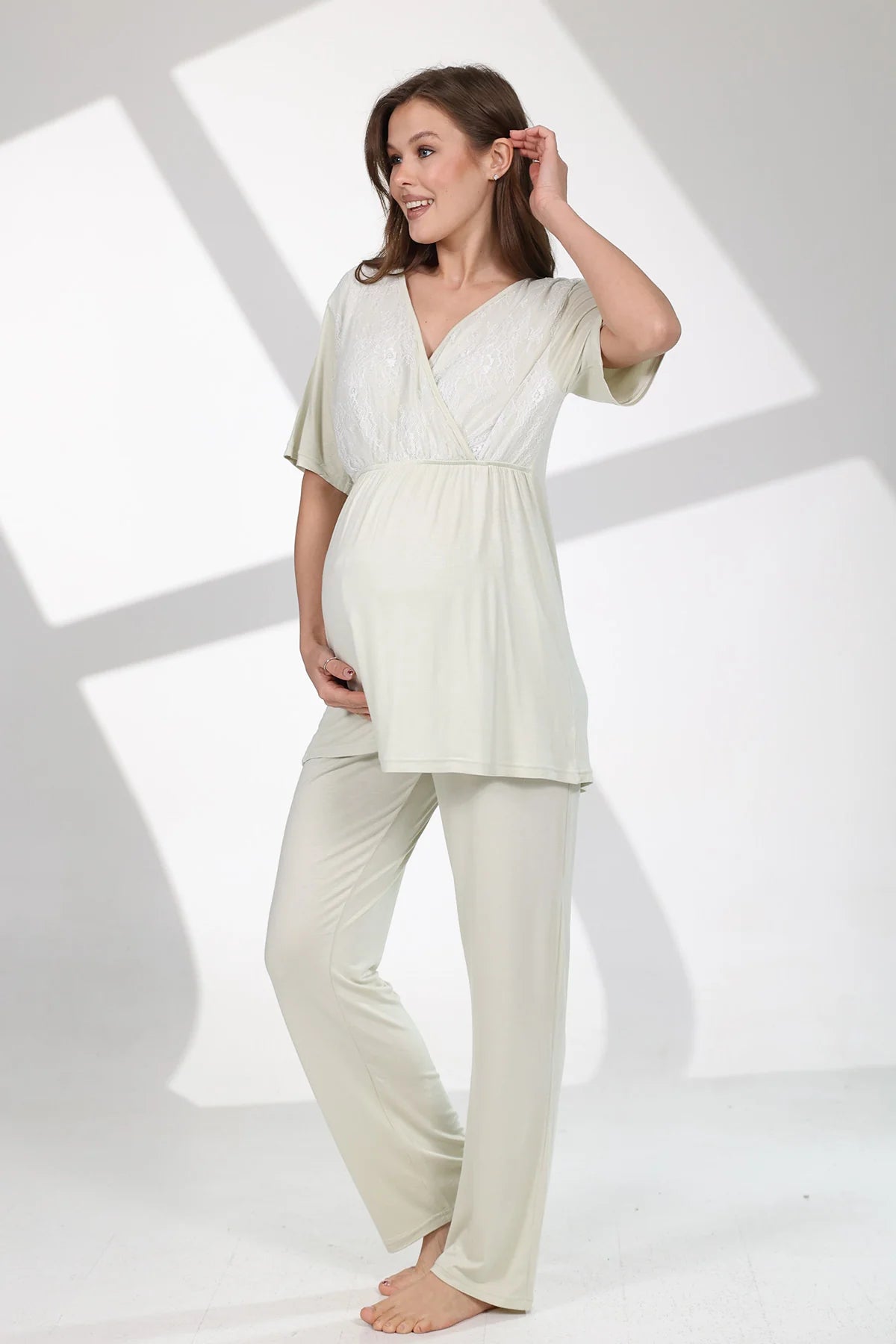 Gizli Emzirme Özellikli Çiçekli Sabahlıklı Lohusa Hamile Pijama Takımı Yeşil - 712