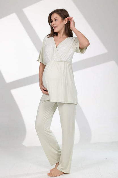 Gizli Emzirme Özellikli Çiçekli Sabahlıklı Lohusa Hamile Pijama Takımı Yeşil - 712