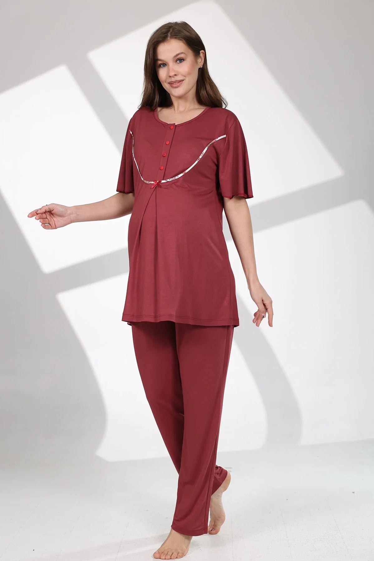 Önden Düğmeli Çiçek Desenli Sabahlıklı Lohusa Hamile Pijama Takımı Kırmızı -714