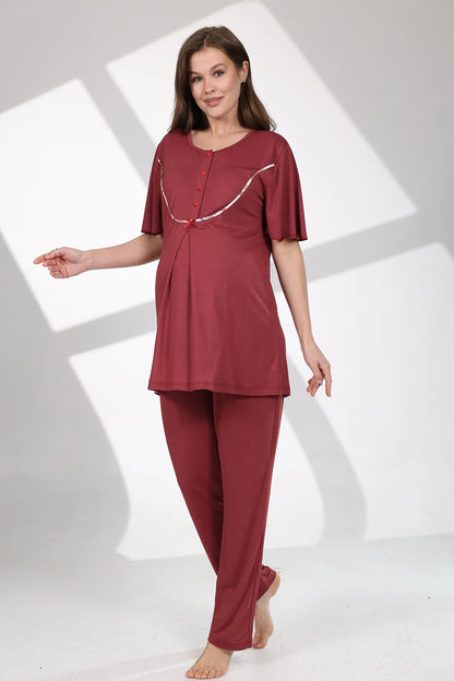 Önden Düğmeli Çiçek Desenli Sabahlıklı Lohusa Hamile Pijama Takımı Kırmızı -714