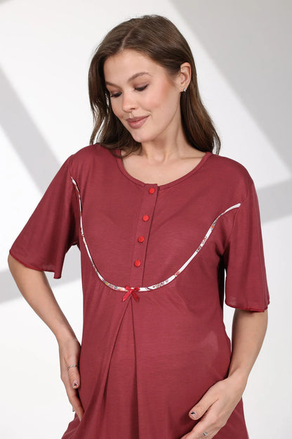 Önden Düğmeli Çiçek Desenli Sabahlıklı Lohusa Hamile Pijama Takımı Kırmızı -714