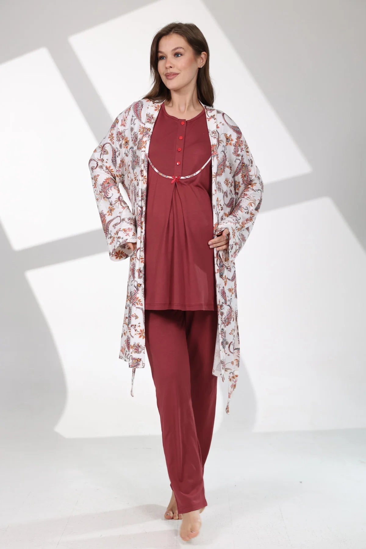 Önden Düğmeli Çiçek Desenli Sabahlıklı Lohusa Hamile Pijama Takımı Kırmızı -714