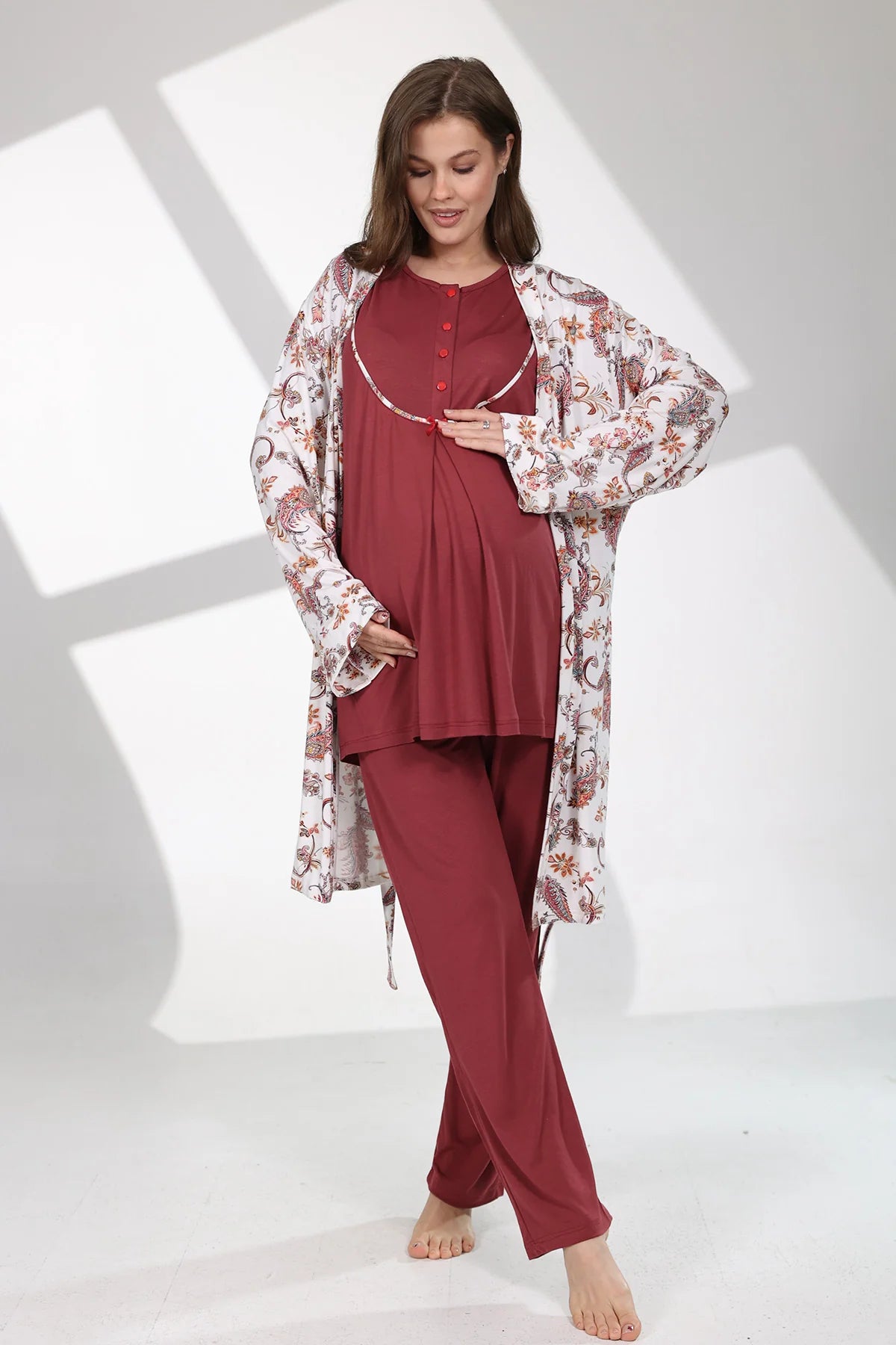 Önden Düğmeli Çiçek Desenli Sabahlıklı Lohusa Hamile Pijama Takımı Kırmızı -714