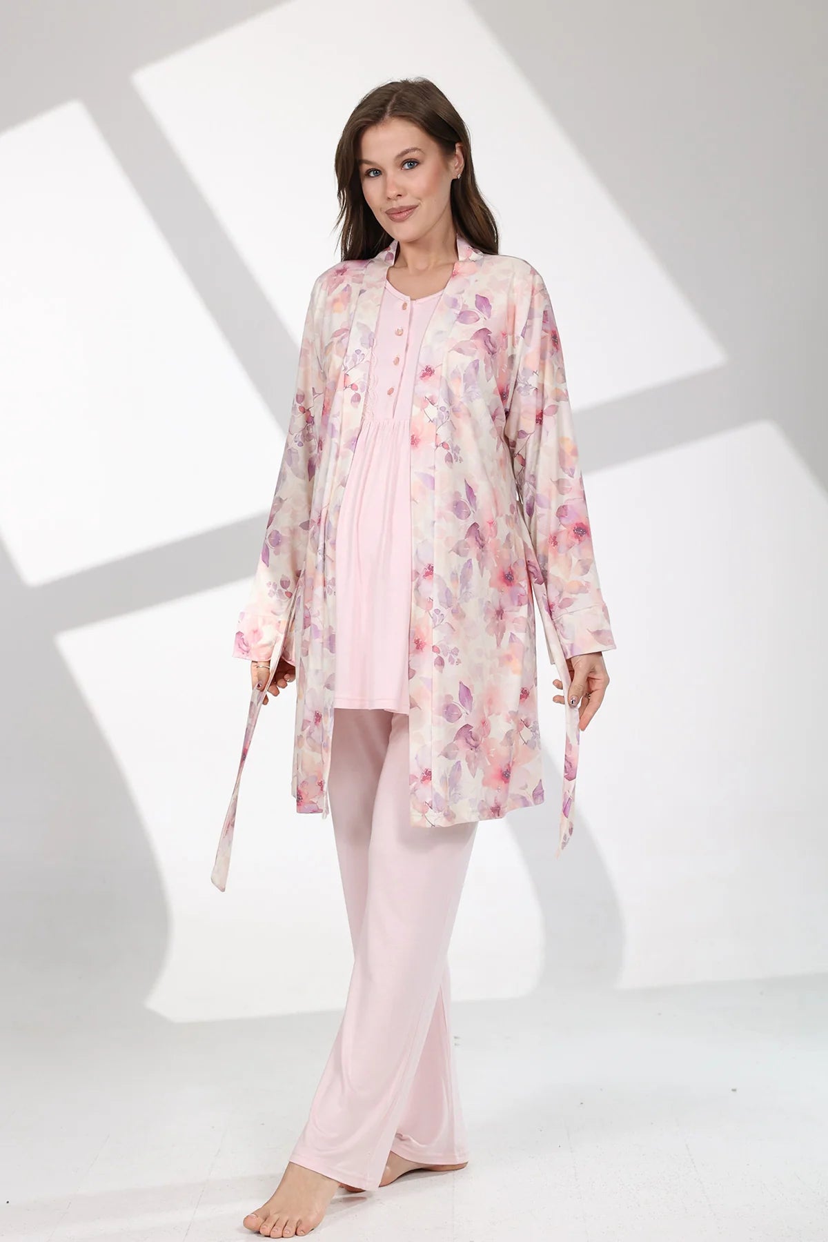 Önden Düğmeli Dantel Kol Çiçek Desenli Sabahlıklı Lohusa Hamile Pijama Takımı Pembe - 715