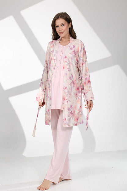 Önden Düğmeli Dantel Kol Çiçek Desenli Sabahlıklı Lohusa Hamile Pijama Takımı Pembe - 715
