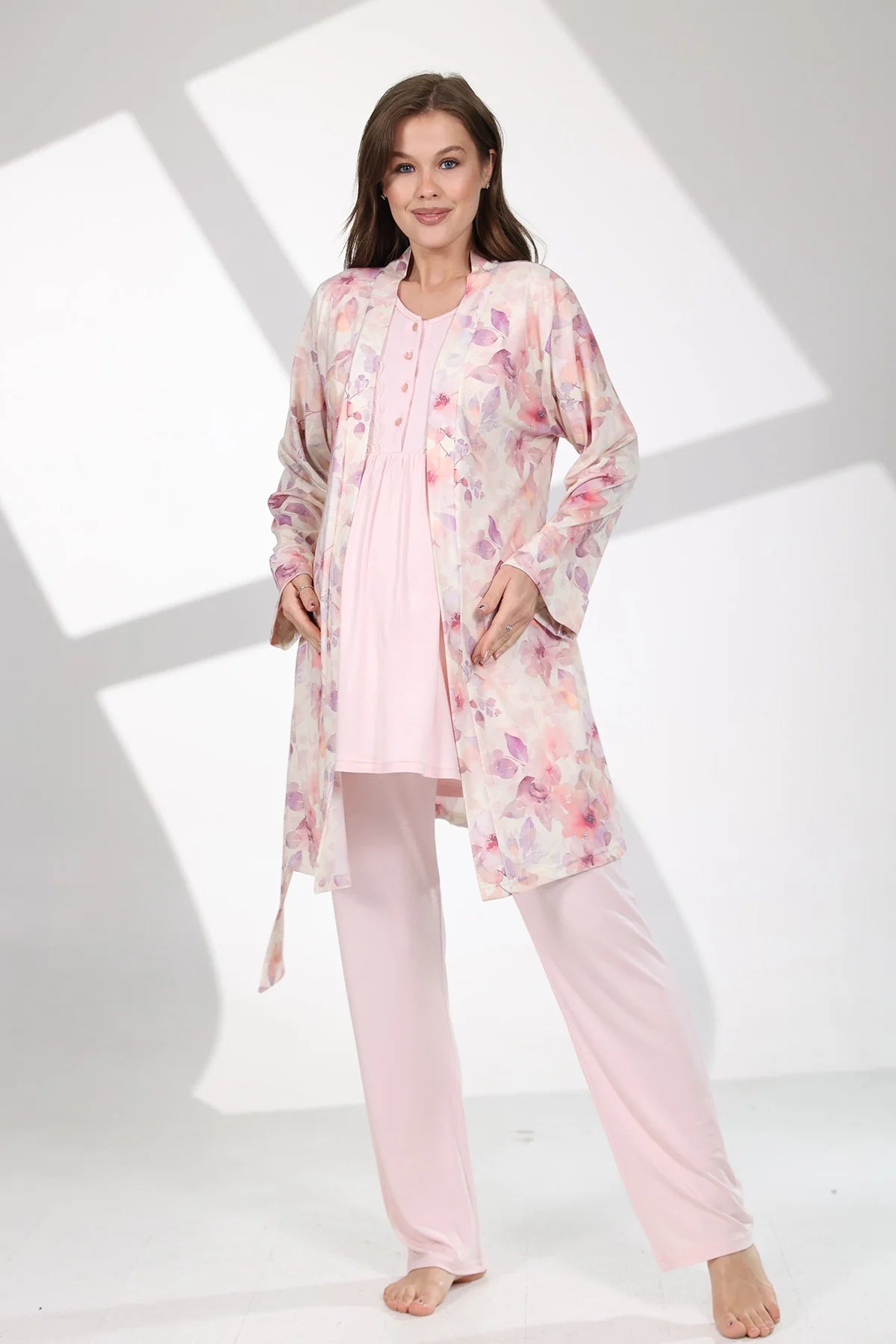 Önden Düğmeli Dantel Kol Çiçek Desenli Sabahlıklı Lohusa Hamile Pijama Takımı Pembe - 715