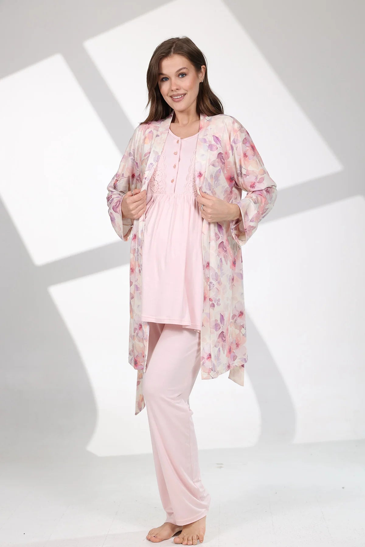Önden Düğmeli Dantel Kol Çiçek Desenli Sabahlıklı Lohusa Hamile Pijama Takımı Pembe - 715