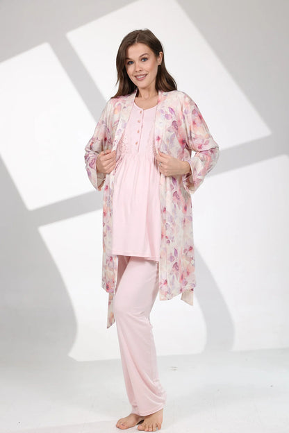 Önden Düğmeli Dantel Kol Çiçek Desenli Sabahlıklı Lohusa Hamile Pijama Takımı Pembe - 715