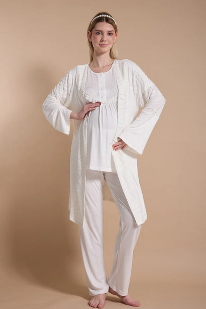 Önden Düğmeli Sabahlıklı Lohusa Hamile Pijama Takımı Ekru - 718