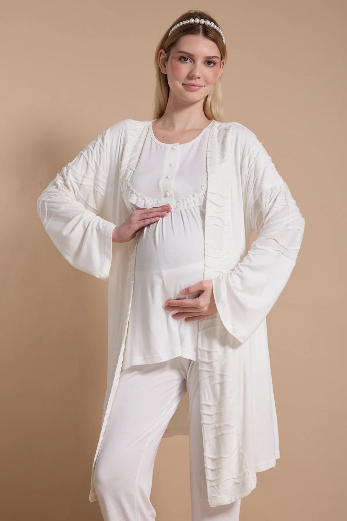 Önden Düğmeli Sabahlıklı Lohusa Hamile Pijama Takımı Ekru - 718