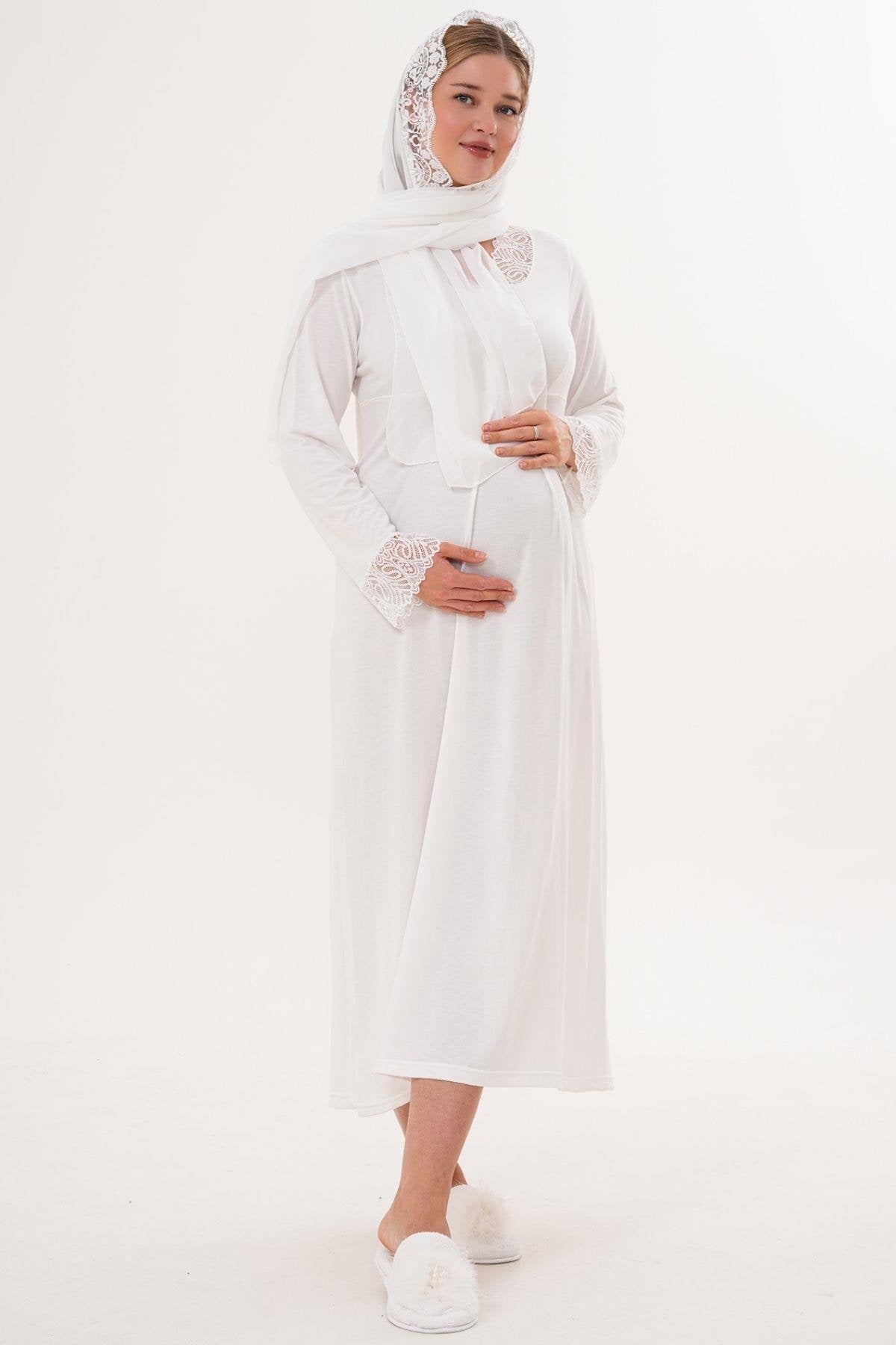 Önden Düğmeli Midi Boy Lohusa Hamile Gecelik Ekru- 6305
