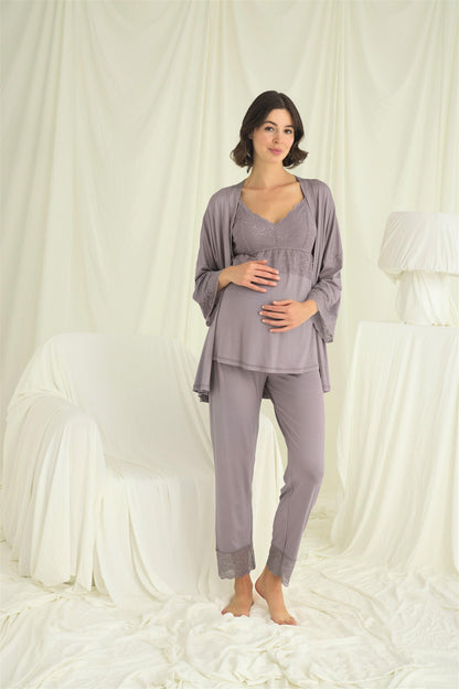Askılı Dantelli Emzirme Özellikli Sabahlıklı Lohusa Pijama Takımı - 18671