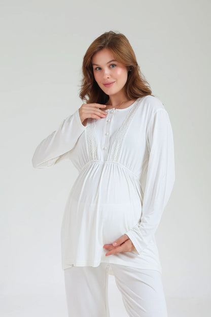 Jakarlı Kışlık Pamuklu Sabahlıklı 3'Lü Lohusa Hamile Pijama Takımı Ekru-1035