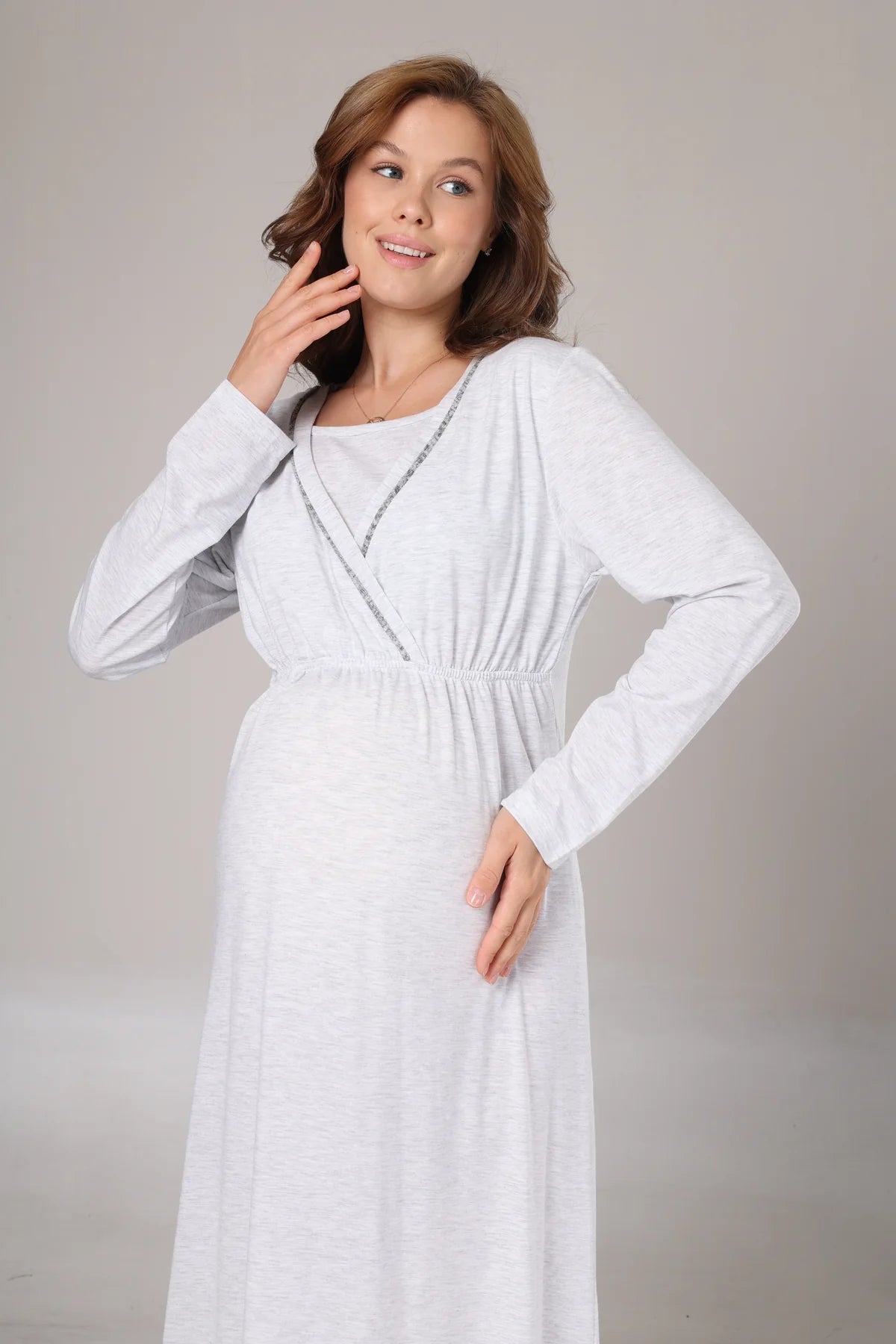 Kışlık Polarlı Sabahlıklı Lohusa Hamile Gecelik Takımı Gri  -1007