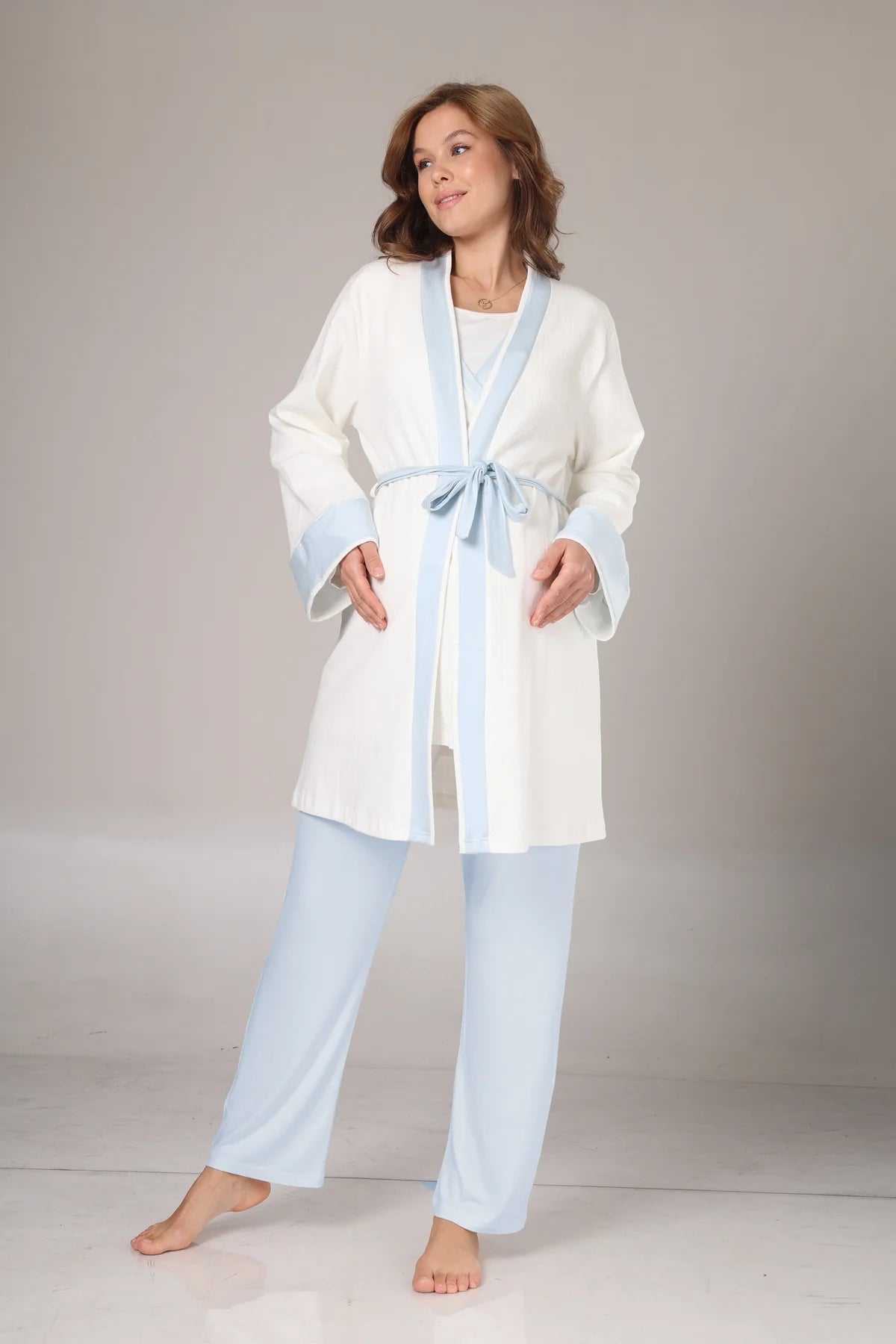 Kışlık Pamuk Sabahlıklı Mavi Şeritli Lohusa  Hamile Pijama Takımı-1033