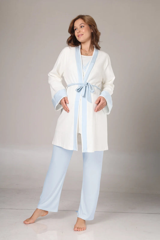 Kışlık Pamuk Sabahlıklı Mavi Şeritli Lohusa  Hamile Pijama Takımı-1033
