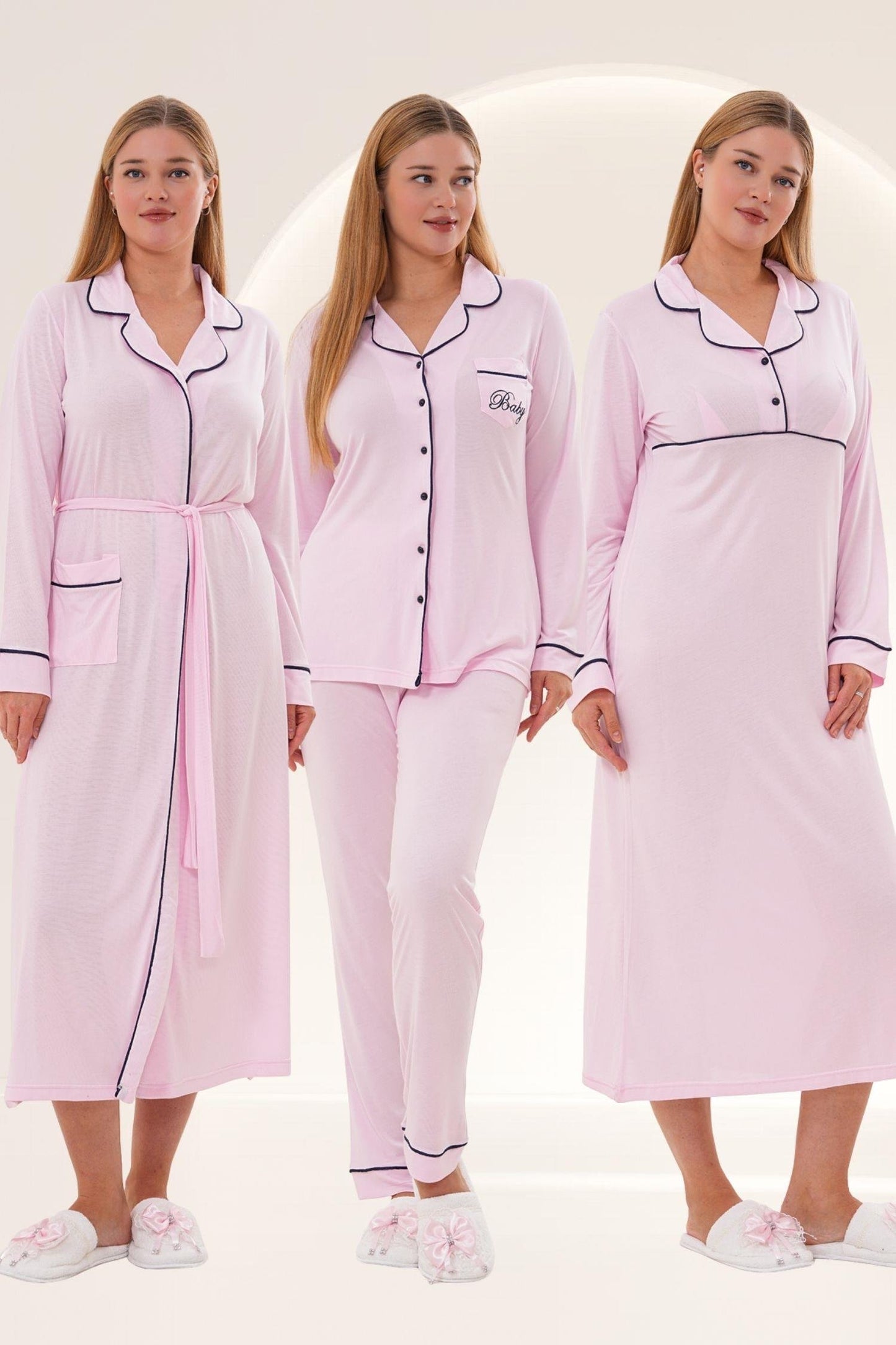 Sabahlık Gecelik Pijama 4'lü Set Pembe - 6335