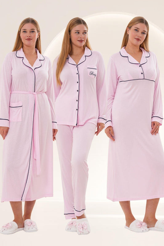 Sabahlık Gecelik Pijama 4'lü Set Pembe - 6335