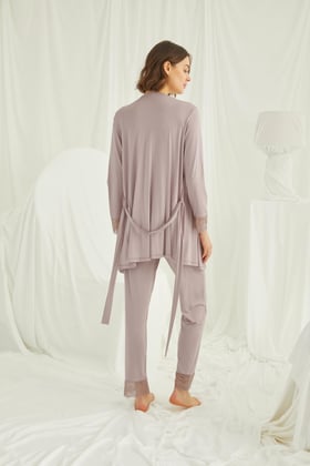 Dantelli Omuz Sabahlıklı Lohusa Pijama Takımı - 18441