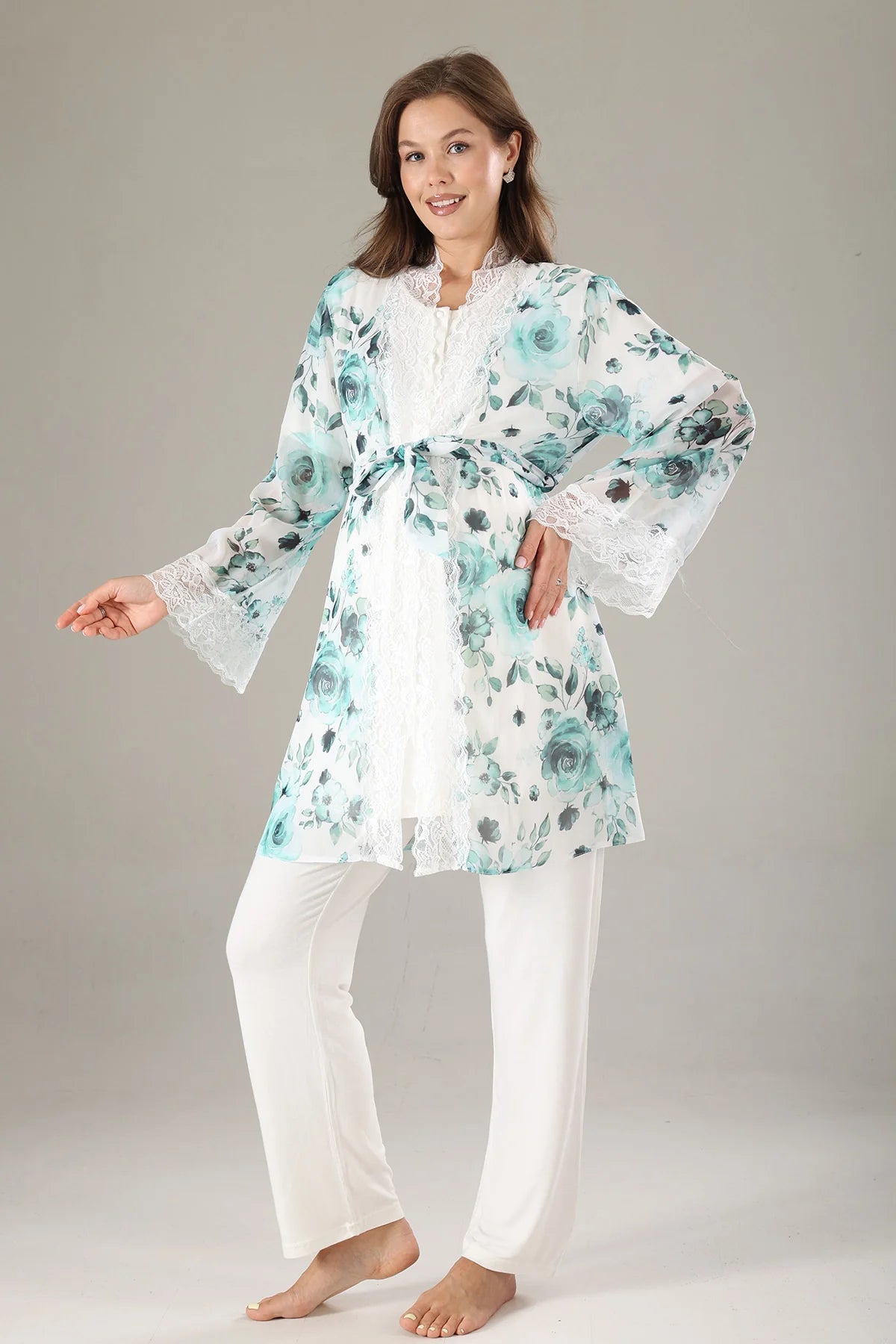 Dantel Yaka Şifon Sabahlıklı Lohusa Hamile Pijama Takımı Mavi - 811