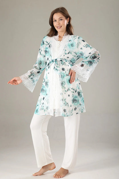 Dantel Yaka Şifon Sabahlıklı Lohusa Hamile Pijama Takımı Mavi - 811