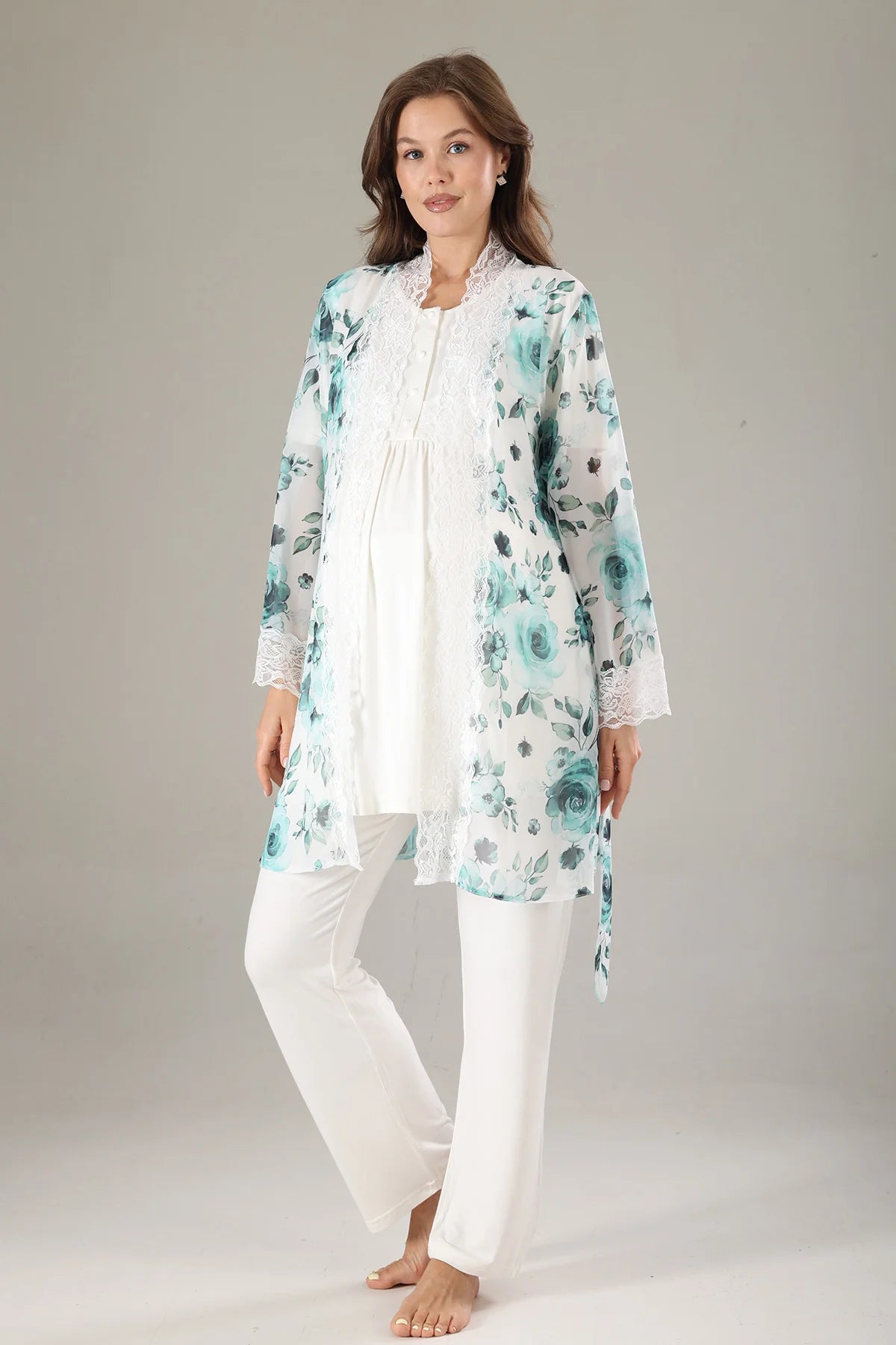 Dantel Yaka Şifon Sabahlıklı Lohusa Hamile Pijama Takımı Mavi - 811