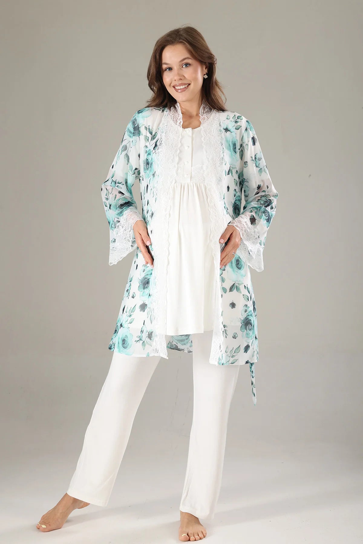 Dantel Yaka Şifon Sabahlıklı Lohusa Hamile Pijama Takımı Mavi - 811