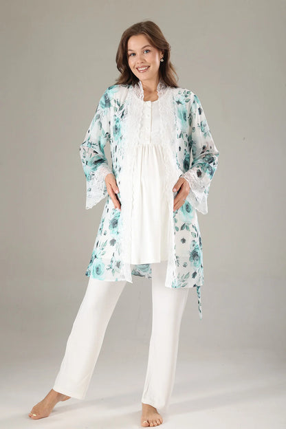 Dantel Yaka Şifon Sabahlıklı Lohusa Hamile Pijama Takımı Mavi - 811