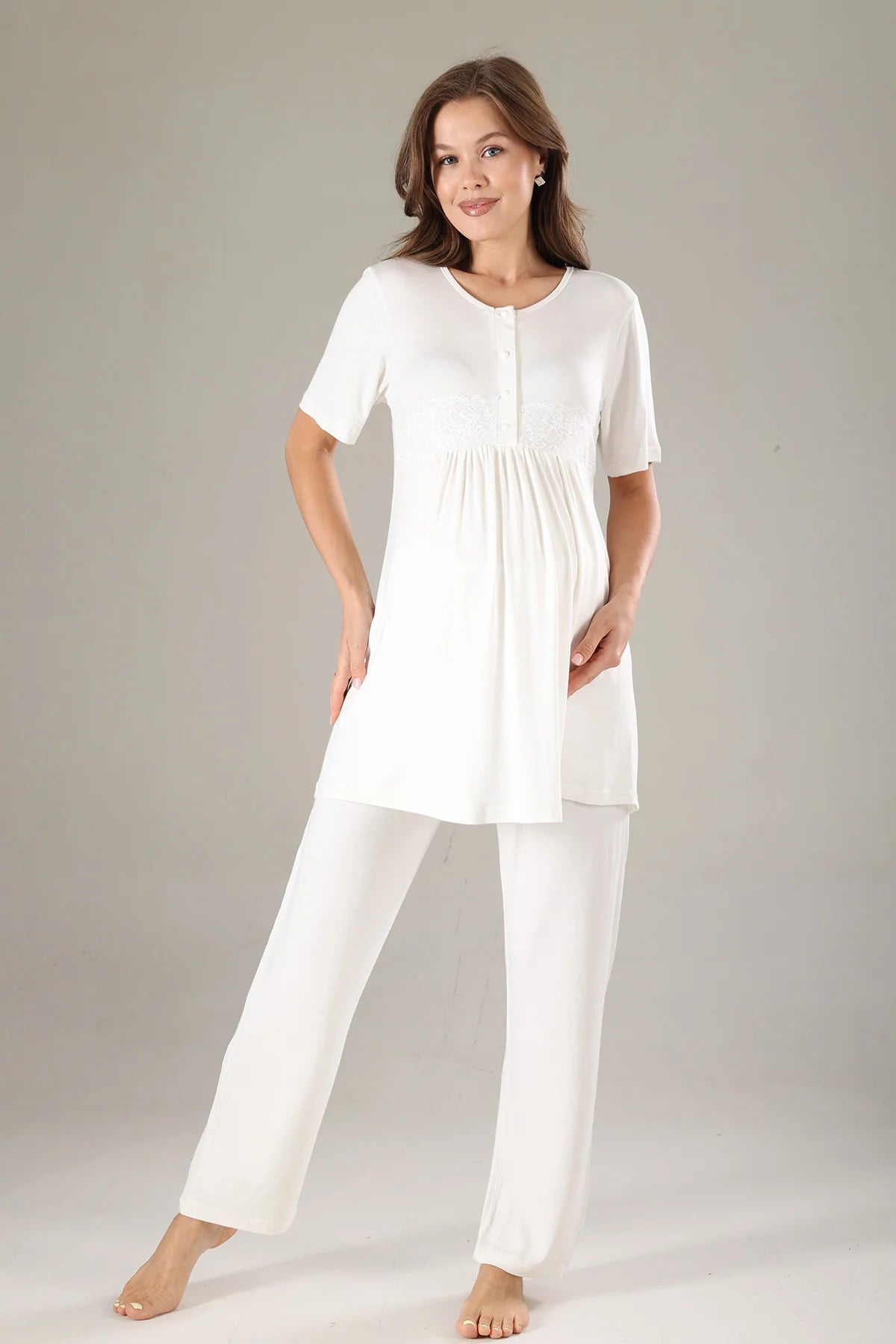 Dantel Yaka Şifon Sabahlıklı Lohusa Hamile Pijama Takımı Mavi - 811