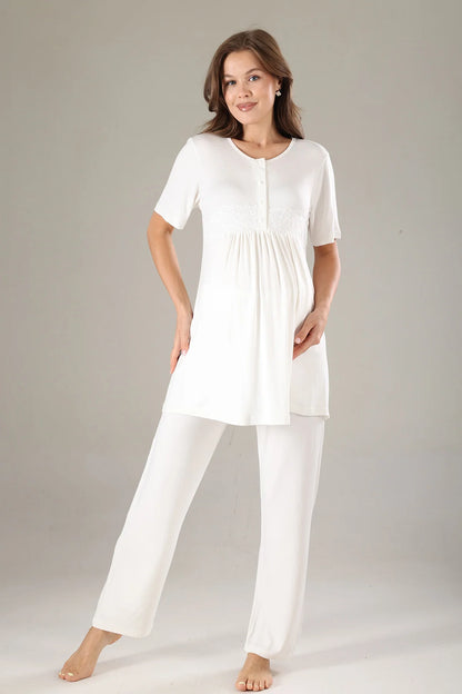 Dantel Yaka Şifon Sabahlıklı Lohusa Hamile Pijama Takımı Mavi - 811