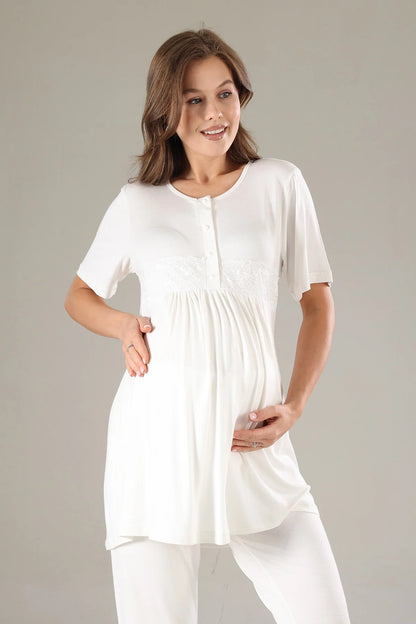 Dantel Yaka Şifon Sabahlıklı Lohusa Hamile Pijama Takımı Mavi - 811