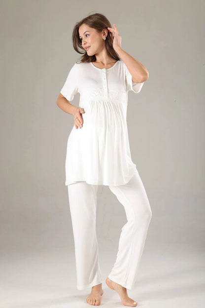 Dantel Yaka Şifon Sabahlıklı Lohusa Hamile Pijama Takımı Mavi - 811