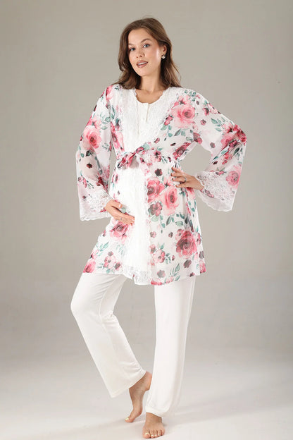 Önden Düğmeli Çiçekli Sabahlıklı Lohusa Hamile Pijama Takımı Pembe- 813