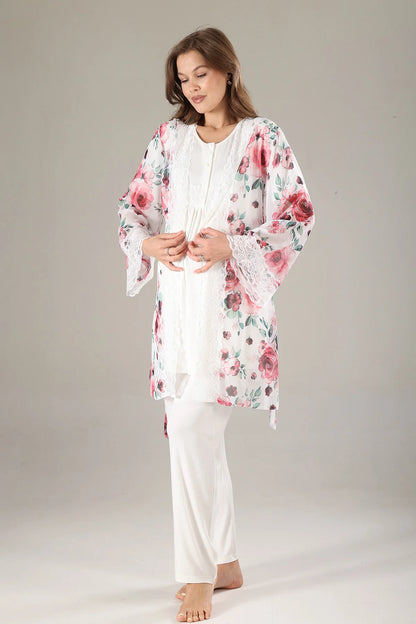 Önden Düğmeli Çiçekli Sabahlıklı Lohusa Hamile Pijama Takımı Pembe- 813